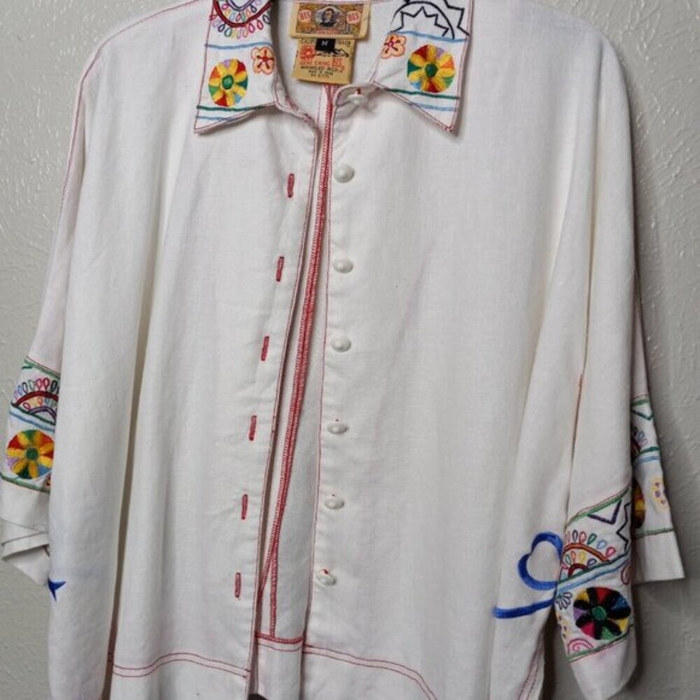 Vintage Bis Bis 100% linen embroidered Mexican top white‎ Size M